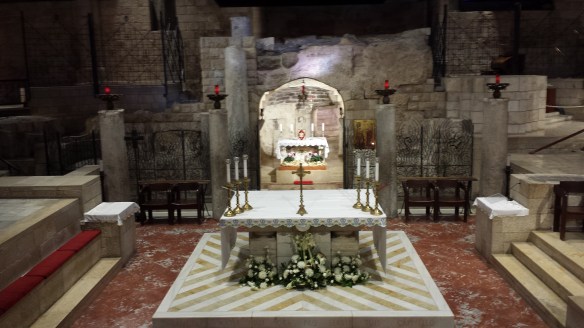 In the Church of the Annunciation, looking into the shrine of the first century home attributed to Mary